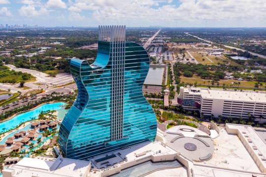 Hollywood, Florida / USA - March 22, 2020: Aerial view on New Hard Rock Casino Hotel, iconic Guitar Hotel