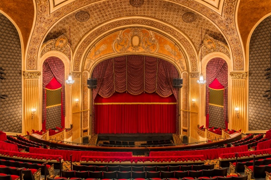 SIOUX CITY, IOWA - OCTOBER 15: Stage and curtain inside the Orpheum Theatre (1927) on Pierce Street on October 26, 2015 in Sioux City, Iowa