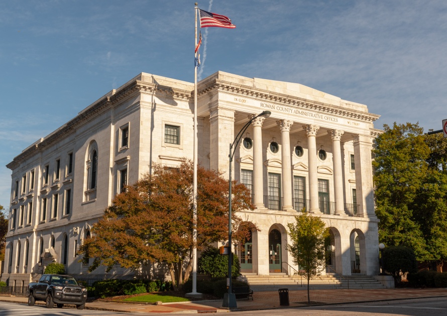 Salisbury, NC/USA - November 12, 2019: Outdoor horizontal shot of Rowan County Administrative Offices building on a sunny day. Architecture is in Greco-Roman style. Very striking.