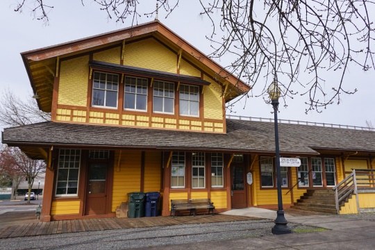 Springfield, Oregon USA - March 26, 2019: Southern Pacific Railroad passenger station, 1891, adjoining freight house building added in about 1910. Now the city’s visitor center.