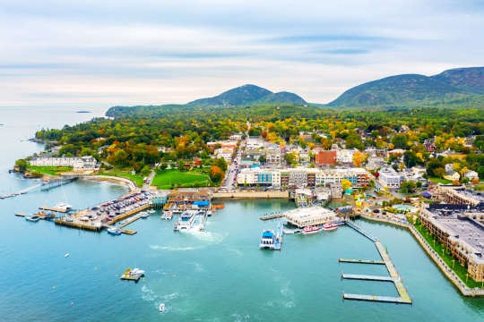 Aerial view of Harbor Bar, Maine. Bar Harbor is a town on Mount Desert Island in Hancock County, Maine and a popular tourist destination.