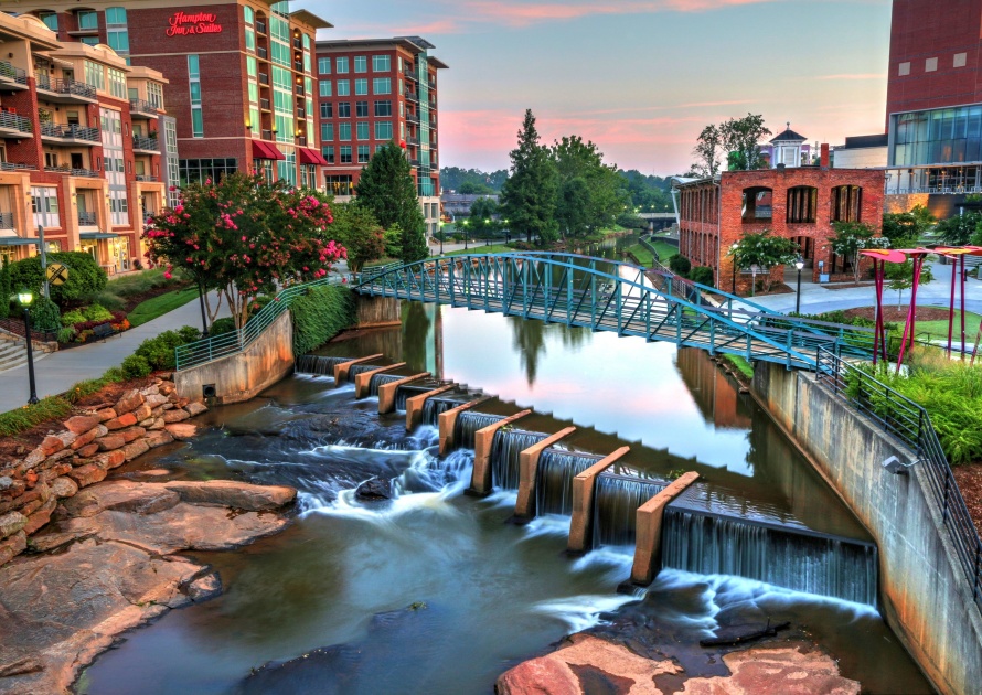 Sunrise on Reedy river in Greenville South Carolina as the city begins to stir. Adjacent to the Reedy Falls Park this is an ideal area for tourist to stay with plenty things to do. Night life is abundant as the theater, and great restaurants are all within working distance, Greenville, South Carolina is the place to be when Friday night rolls around just starting the weekend!!!