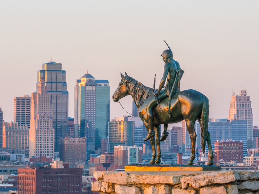 The Scout facing the 108-year-old statue in downtown Kansas City. It was conceived in 1910