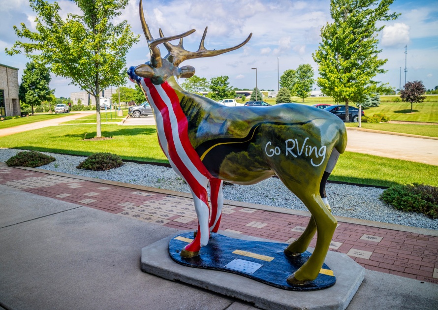 Elkhart, IN, USA - July 1, 2018: A metal representation of a deer in the vicinity of RV/MH Hall of Fame Museum