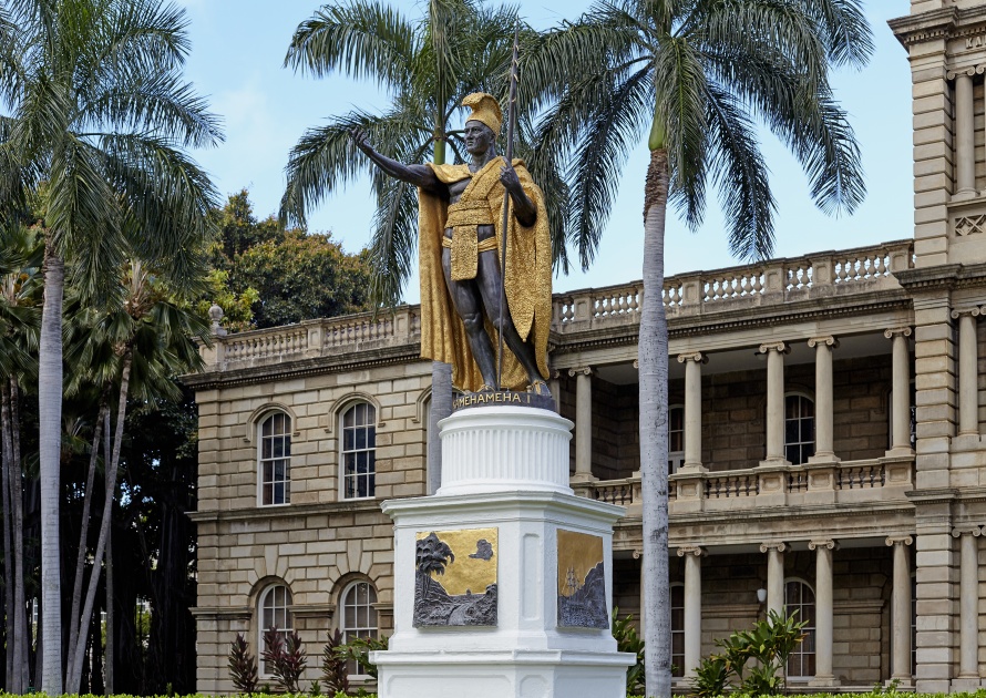 Honolulu, Hawaii - August 6, 2016: King Kamehameha Statue in front of the old Judiciary Building in downtown Honolulu, Hawaii. Kamehameha the Great united and ruled from 1756-1819.