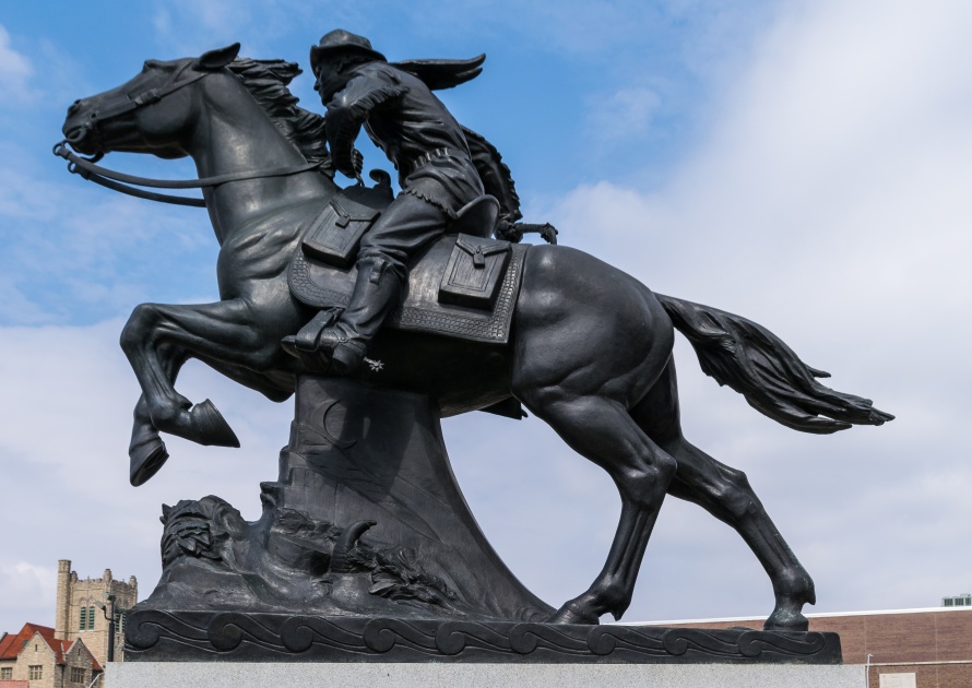 St. Joseph, Missouri / United States of America - March 26 2019: Pony Express statue downtown.