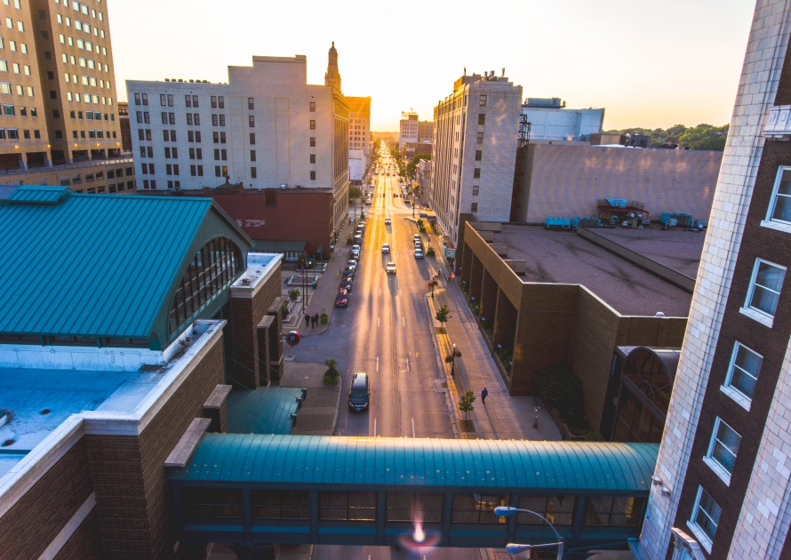 Choose from a variety of views captured by a drone. Aerial photos are taken from a variety of places and subjects. Enjoy the aerial views. Aerial view of downtown Davenport