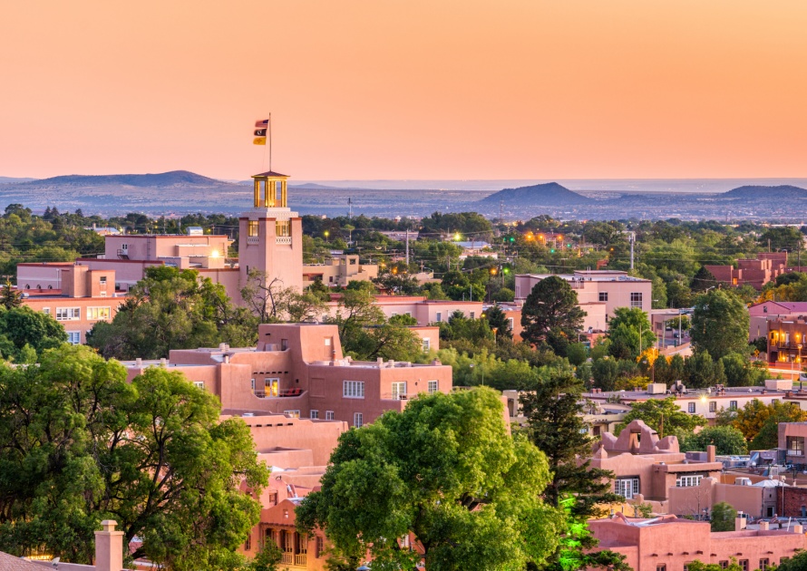 Santa Fe, New Mexico, USA on the downtown skyline at sunset.