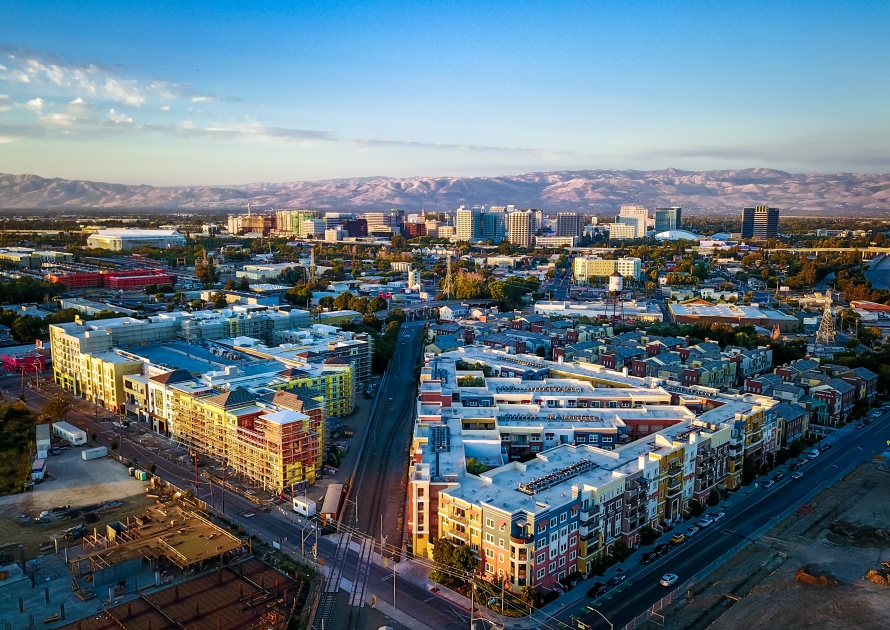 Photograph taken by drones over the sunset in downtown San Jose in California.
