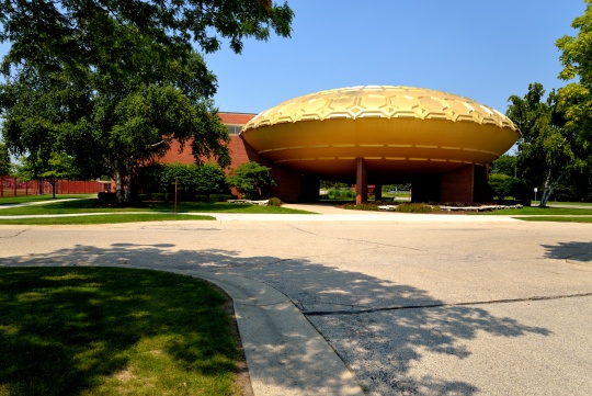 Racine, Wisconsin / USA - July 21, 2014: S. C. Johnson buildings in Racine Wisconsin with design flair. The Golden Rondelle was designed by Taliesin Associated Architects.