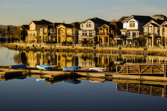 Amazing reflective view of marina in Sparks, Nevada. Beautiful brightly colored homes and dock. January 2019.