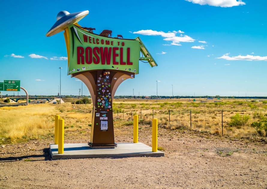 Roswell, NM, USA - April 21, 2018: A welcoming signboard at the entry point of the town