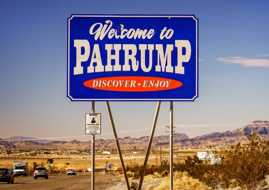 PAHRUMP, NEVADA - JANUARY 31: Traffic passes a welcome to Pahrump sign in Pahrump, Nevada on January 31st, 2016.